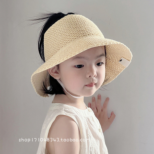 儿童夏季 遮阳防晒大檐草帽公主风空顶太阳渔夫帽女宝宝清凉透气帽