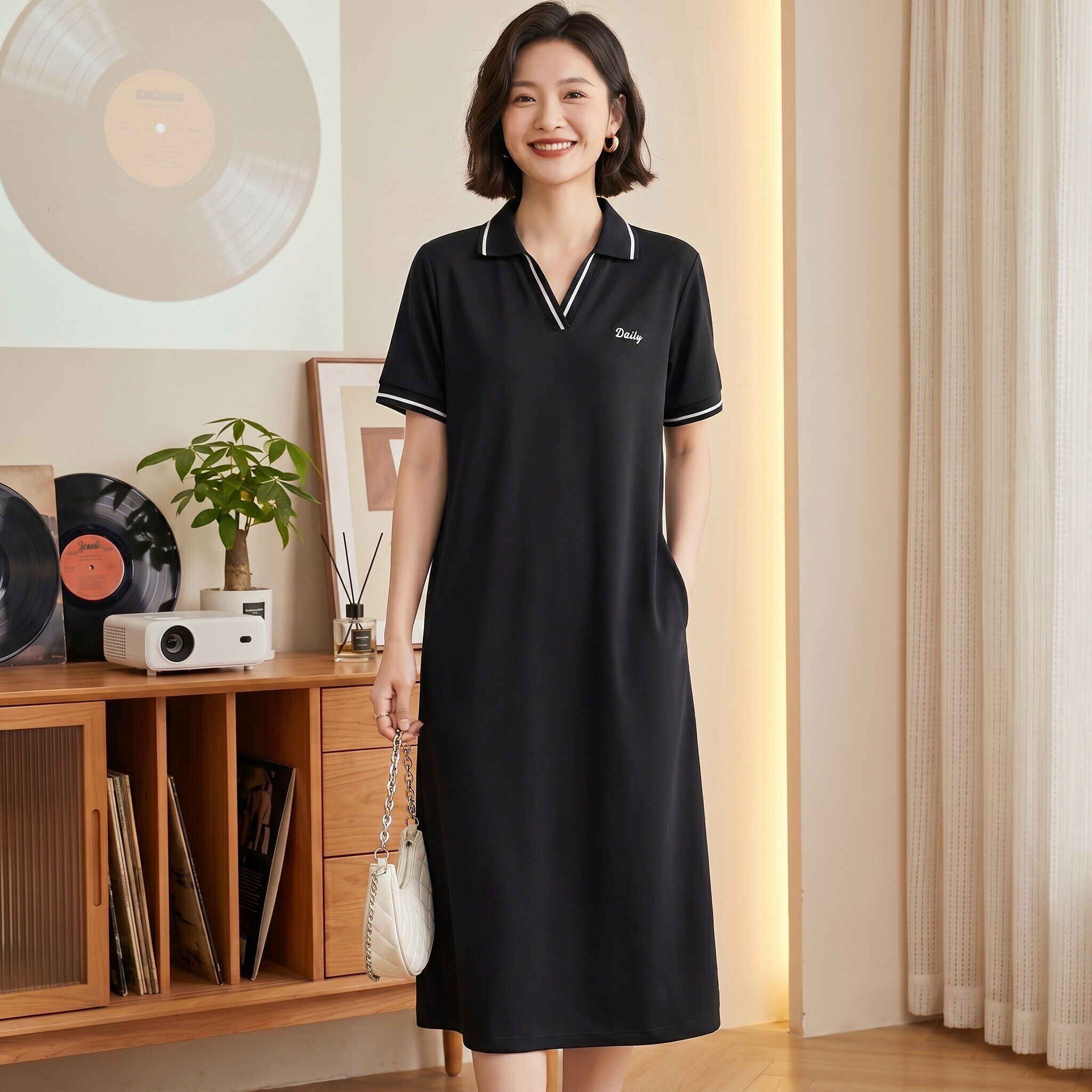黑色短袖连衣裙女夏装新款时尚洋气妈妈胖mm宽松显瘦中长休闲裙子
