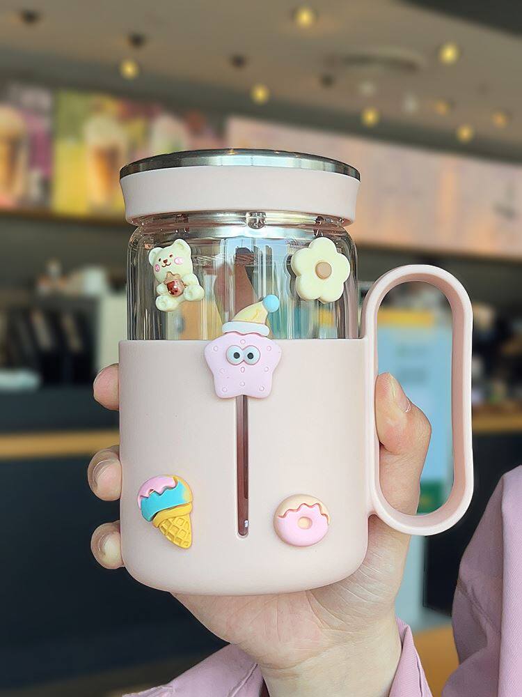 高颜值玻璃杯带把手柄带盖隔热女生办公室泡茶水杯子大容量咖啡杯