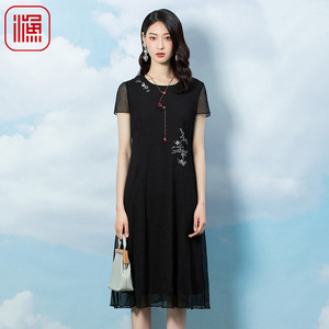 渔牌春夏款女装新款微邹小方格绣花雪纺时尚连衣裙FGFA0127