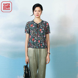FISHING女装 雪纺中式 碎印花短袖 休闲女上衣FGFB2232 t恤女新款