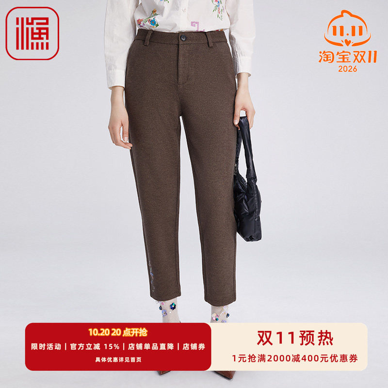 渔牌女装裤子女新款秋冬弹力刺绣花宽松休闲九分长裤FGGD6222