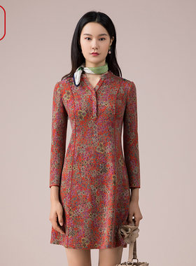 渔牌服饰秋款连衣裙新款针织印花中款休闲弹力裙子女FGEC0023