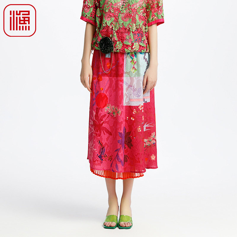 渔牌女装半身裙女2025新款春夏印花撞色雪纺百搭百褶裙子FGHA7207