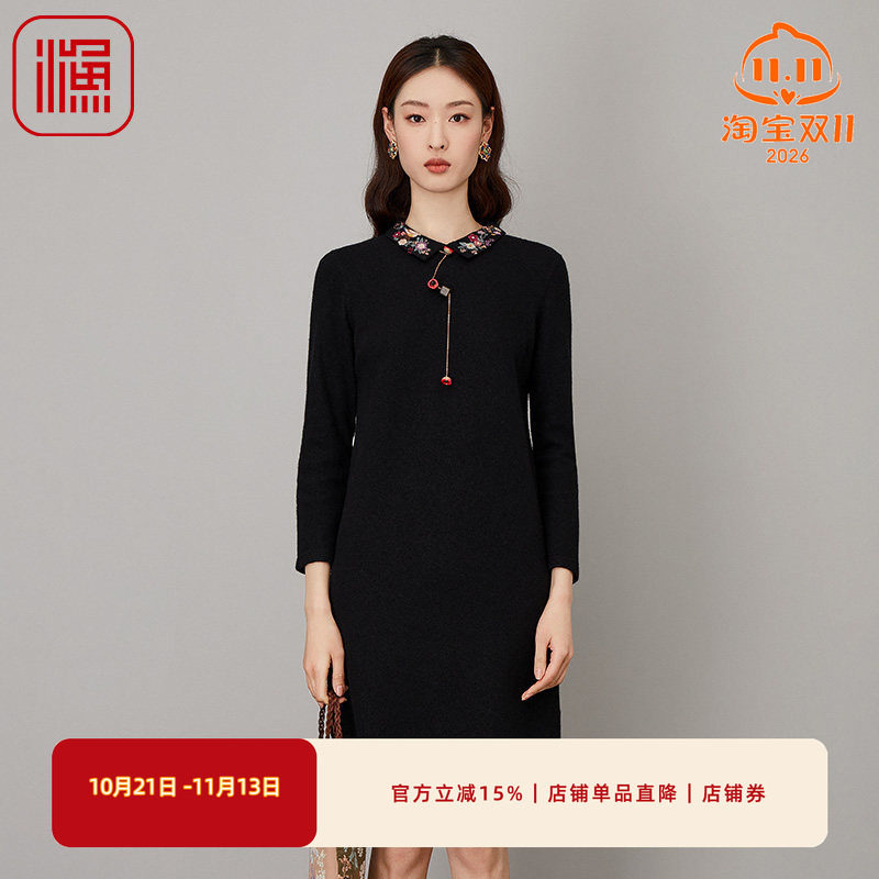 渔牌女装秋装女新款针织翻领纯针织连衣裙礼服FGFD0027