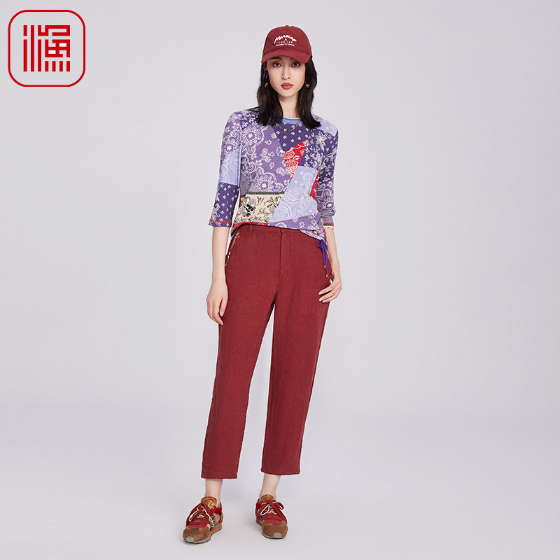 渔牌女装裤子女2025新款新中式简约刺绣花休闲九分小脚裤FGHA6219