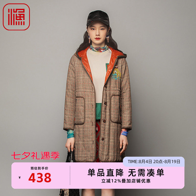 渔服饰棉服女新款冬季小方格子带帽中长款棉衣FGFD4022