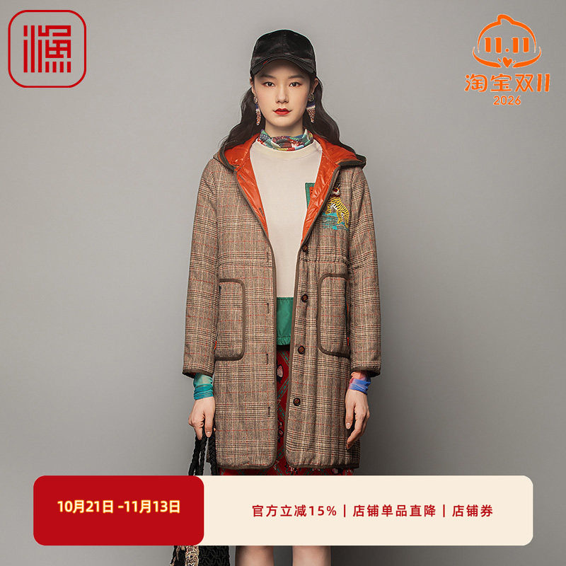 渔服饰棉服女新款冬季小方格子带帽中长款棉衣FGFD4022