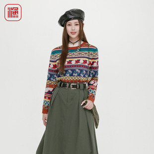 显瘦长袖 渔牌2025秋装 女复古修身 新款 套头针织上衣 提花圆领毛衫
