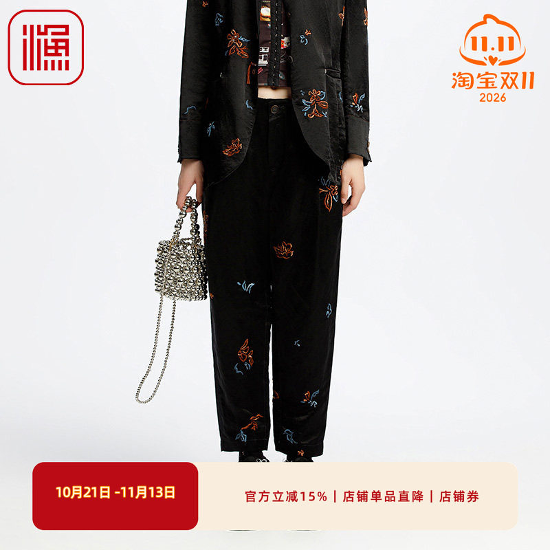 渔牌女装裤子女2025新款春夏宽松刺绣花亚麻直筒九分长裤FGHA6206