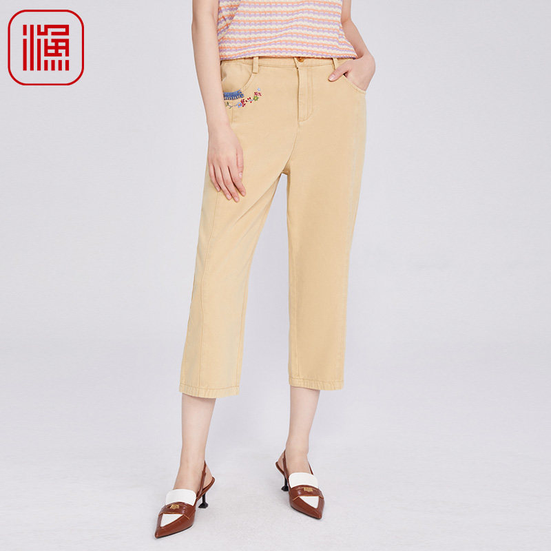 渔牌女装女裤子2025新款新中式简约绣花休闲长裤FGHA6241