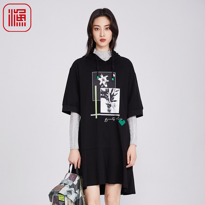 渔牌女装2025新款春夏印花中袖针织带帽连衣裙子FGHA0072