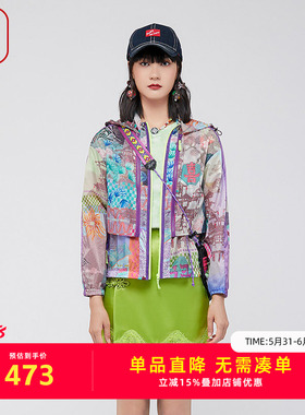渔短外套女2024新款高端外春夏国潮印花连帽休闲风衣外套FGGB3032