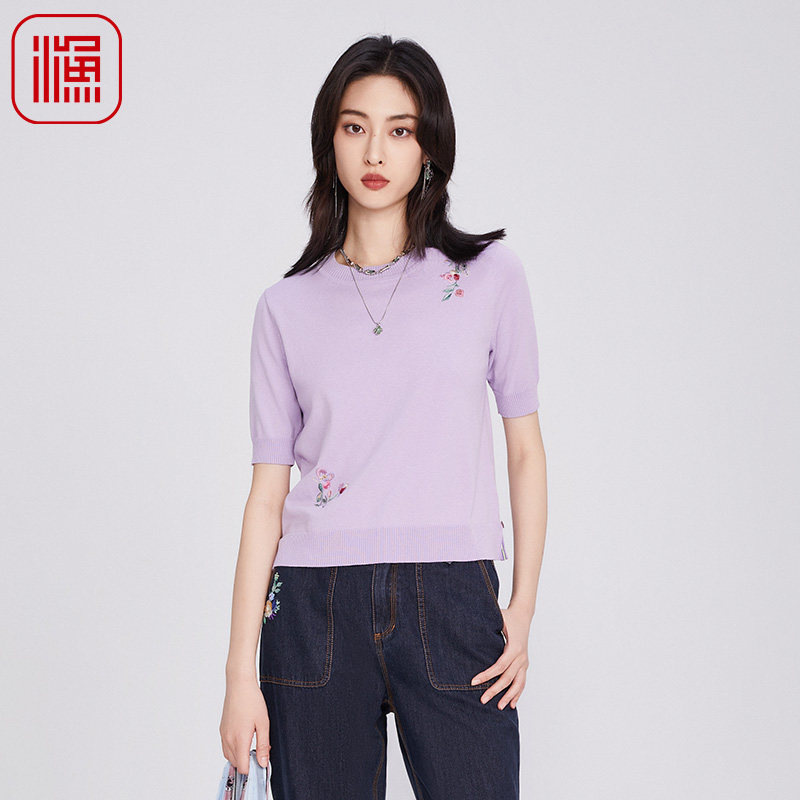 渔牌女装毛衣女款2025新款薄款圆领中式绣花休闲针织毛衫FGHA1003