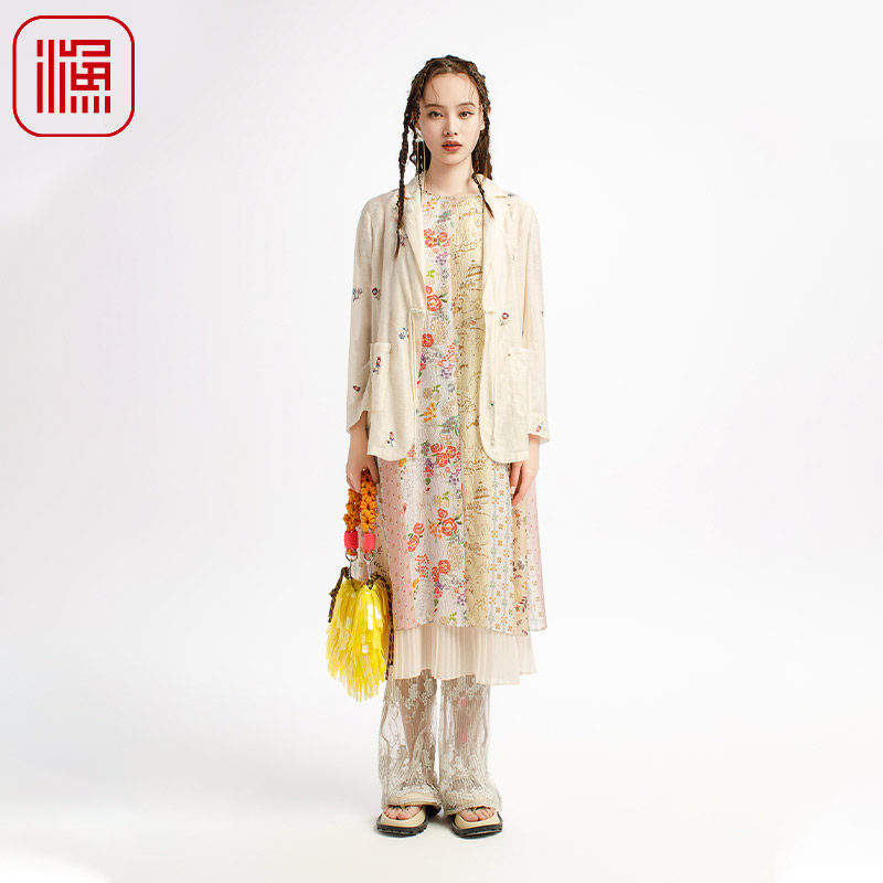 渔牌女2025夏季新款真丝桑蚕丝连衣裙子拼接印花气质百搭无袖裙子