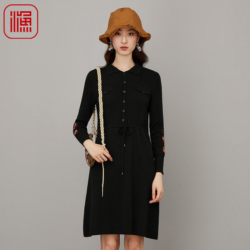 渔牌女装秋装女新款翻领针织织刺绣花连衣裙子FGFC0306