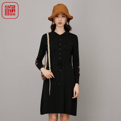 渔牌女装秋装女新款翻领针织织刺绣花连衣裙子FGFC0306