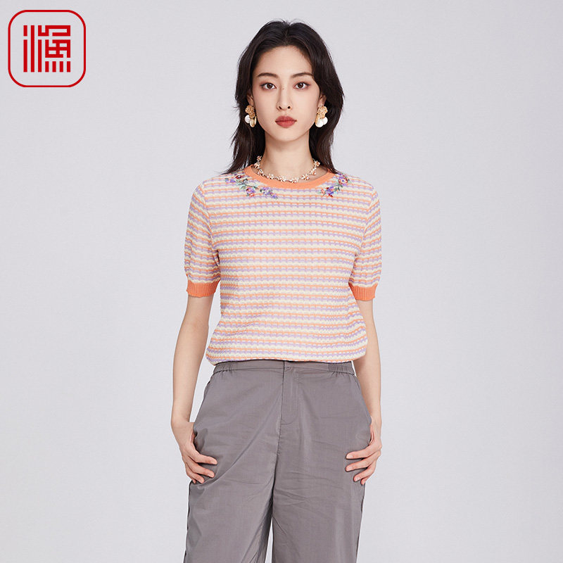 FISHING短袖女t恤2025新款新中式绣花小方格休闲针织上衣FGHB1016