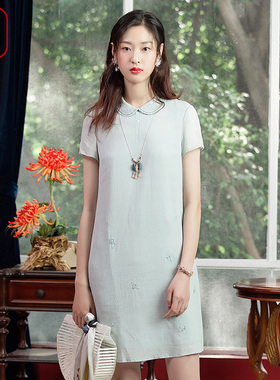 渔牌女装连衣裙2021新夏季真丝翻领简约绣花宽松短袖裙子FFNB0181