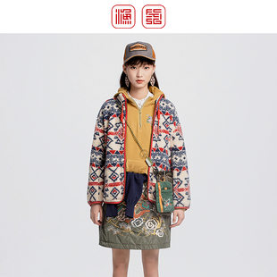 渔牌女装 条纹印花立领摇粒绒外套女FGGD3062 抓绒女年秋冬新款