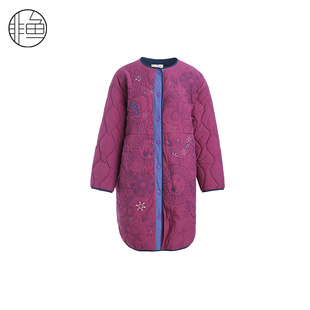 圆领休闲棉衣 拼接撞色棉服重工刺绣女装 非鱼秋冬新款 中长款