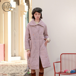 非鱼秋冬新款 棉衣外套休闲保暖女外套 重工刺绣棉服大翻领长款