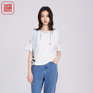 渔牌女装文艺短袖t恤女2025新款夏季刺绣绣花休闲百搭抽绳上衣T恤