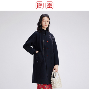 渔牌女装 新款 羊毛料绣花中长款 宽松毛呢外套FGGD3225 大衣女款