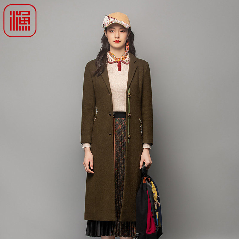 FISHING毛呢外套女新款西装领修身长款过膝呢料大衣FGFD3222