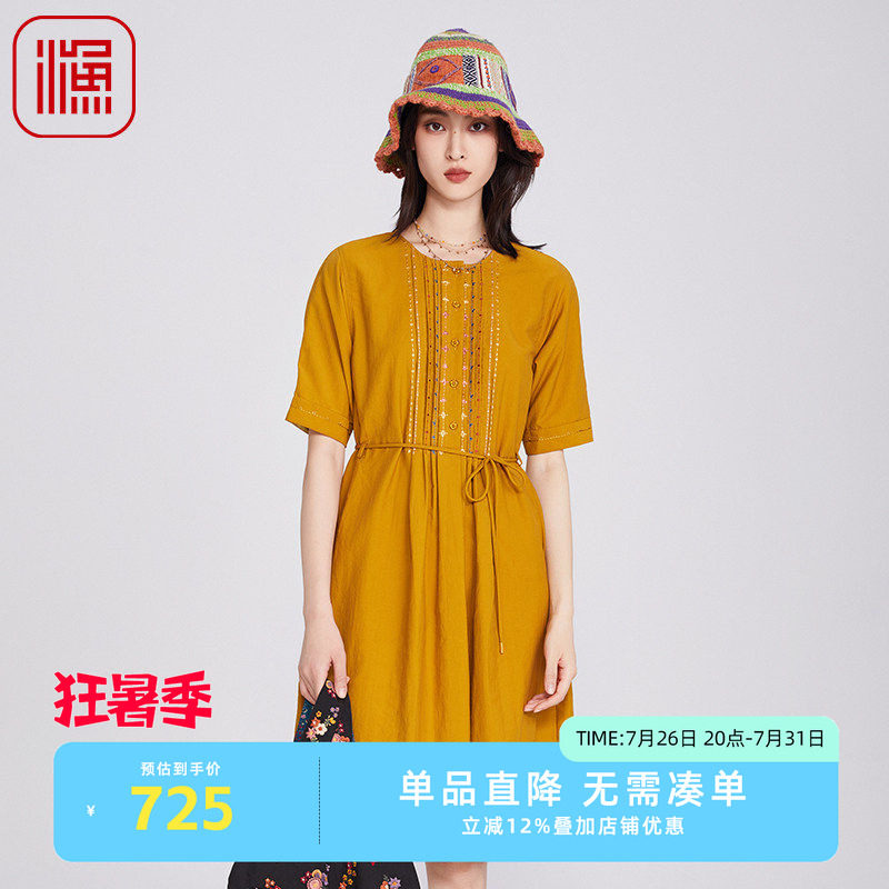 渔牌女装2025春季流行单品压皱绣花系带收腰花边连衣裙子FGHA0063