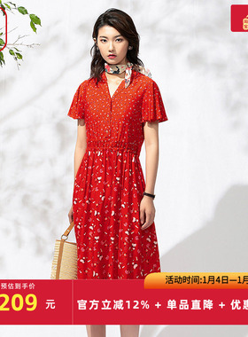 渔牌女装气质连衣裙夏季薄款短袖印花休闲衬衫式裙子FGEB0089