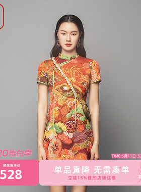 渔牌女装连衣裙2023新款女国潮凤凰印花桑蚕丝改良旗袍女FGFC0013