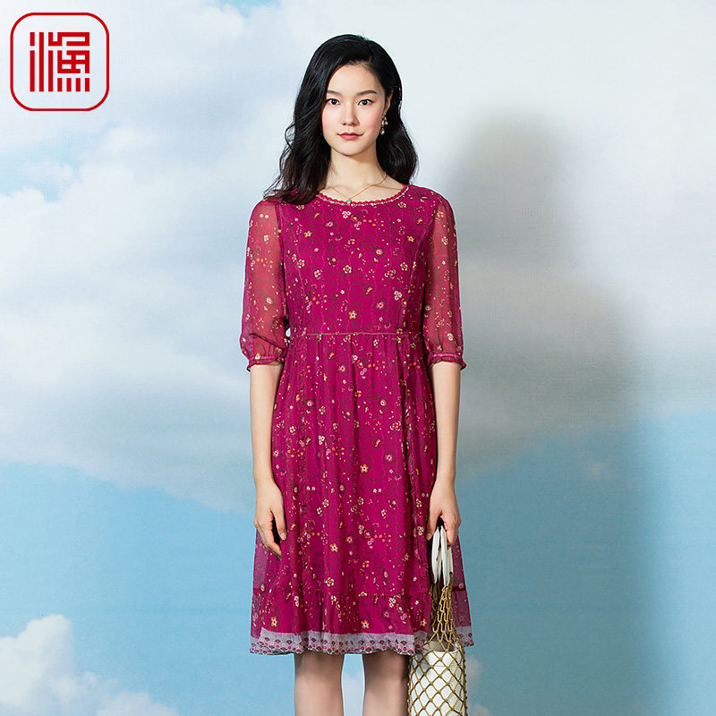 渔春款女装新款圆领长袖真丝桑蚕丝印花弹力连衣裙FGFA0033,女装/女士精品,连衣裙,淘宝优惠券,粉丝福利购,淘宝优惠卷