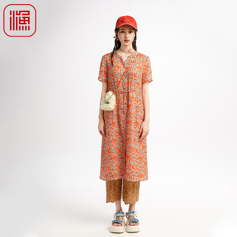 渔牌女2025夏季新款印花苎麻碎花气质连衣裙刺绣文艺系带收腰裙