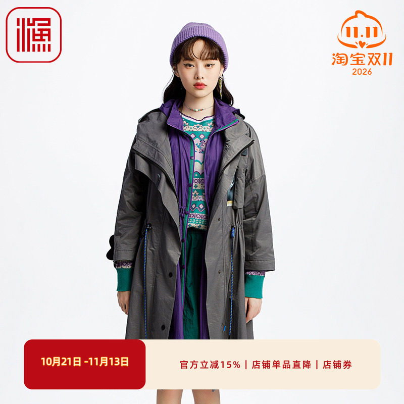 渔牌女装风衣女款2025新款连帽印花棉质抽绳收腰长款外套FGHA3090