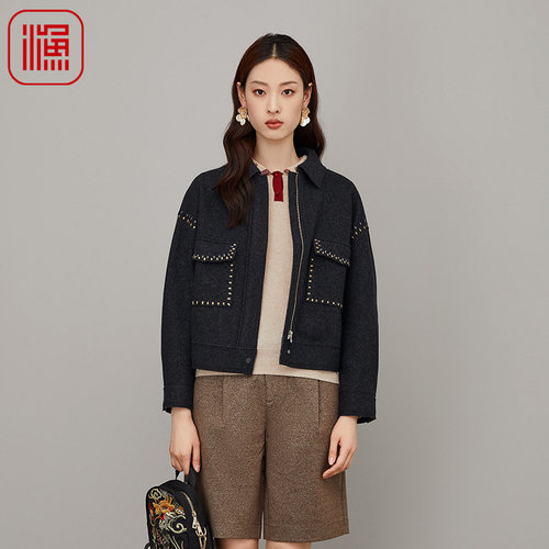 渔牌女装外套女新款加厚翻领休闲绣花短款呢外套FGFC3203