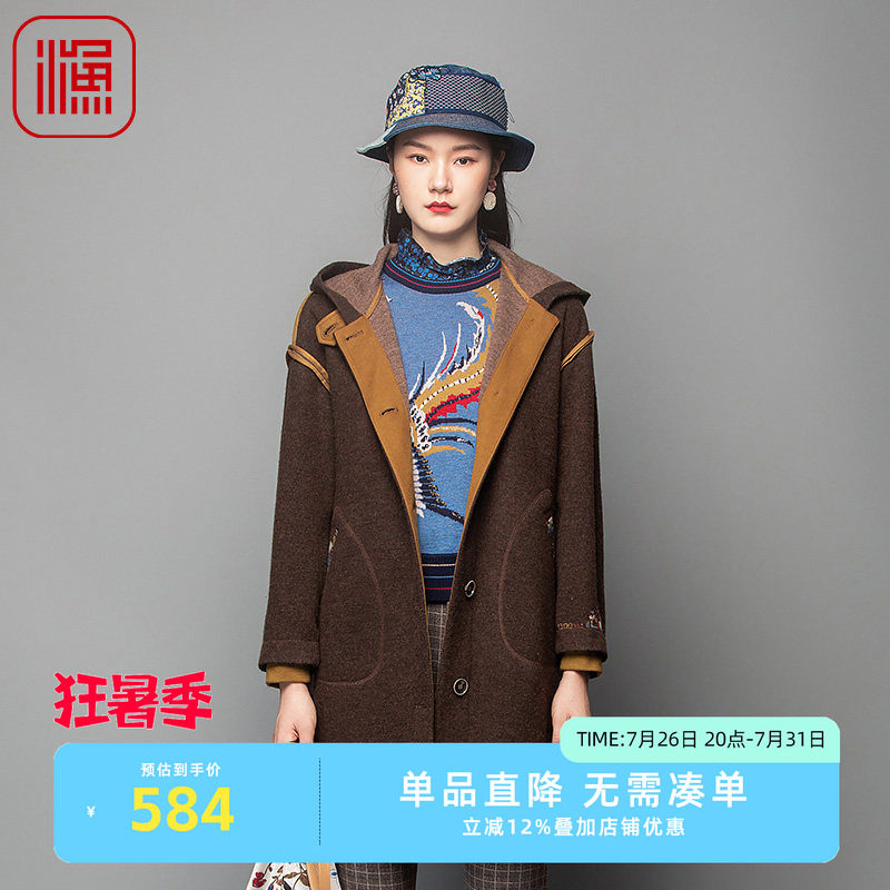 渔牌女装女外套春秋款新款带帽刺绣花休闲呢大衣FGFC3202