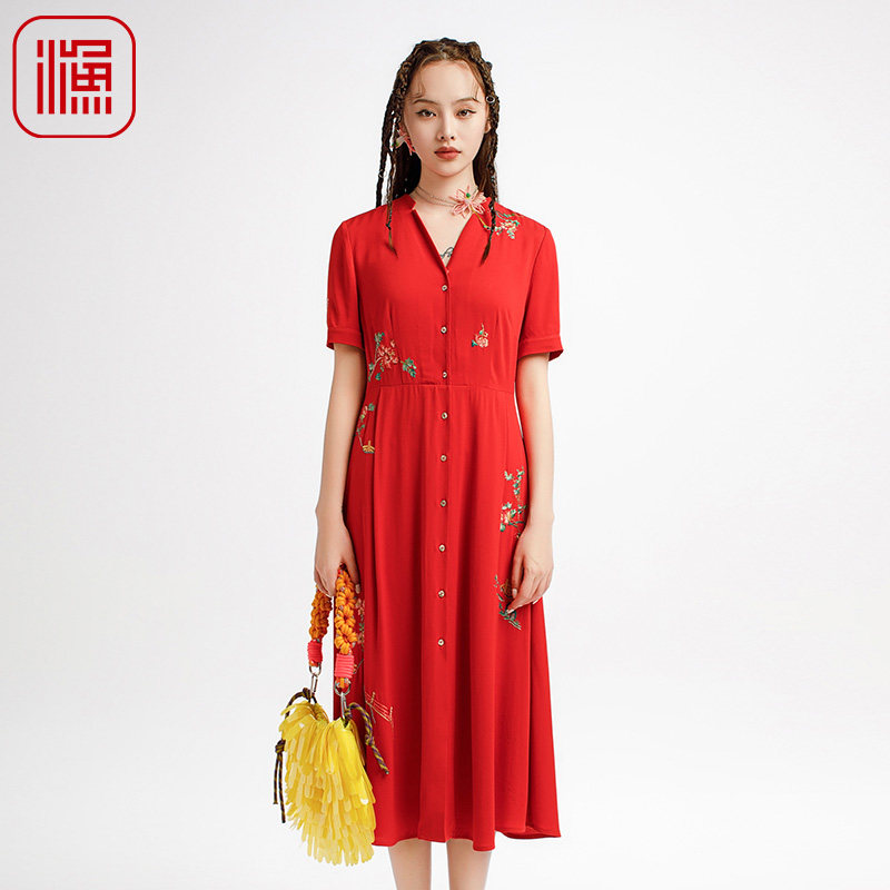 渔牌女装2025初夏穿搭薄款真丝桑蚕丝新中式绣花连衣裙子FGHB0028