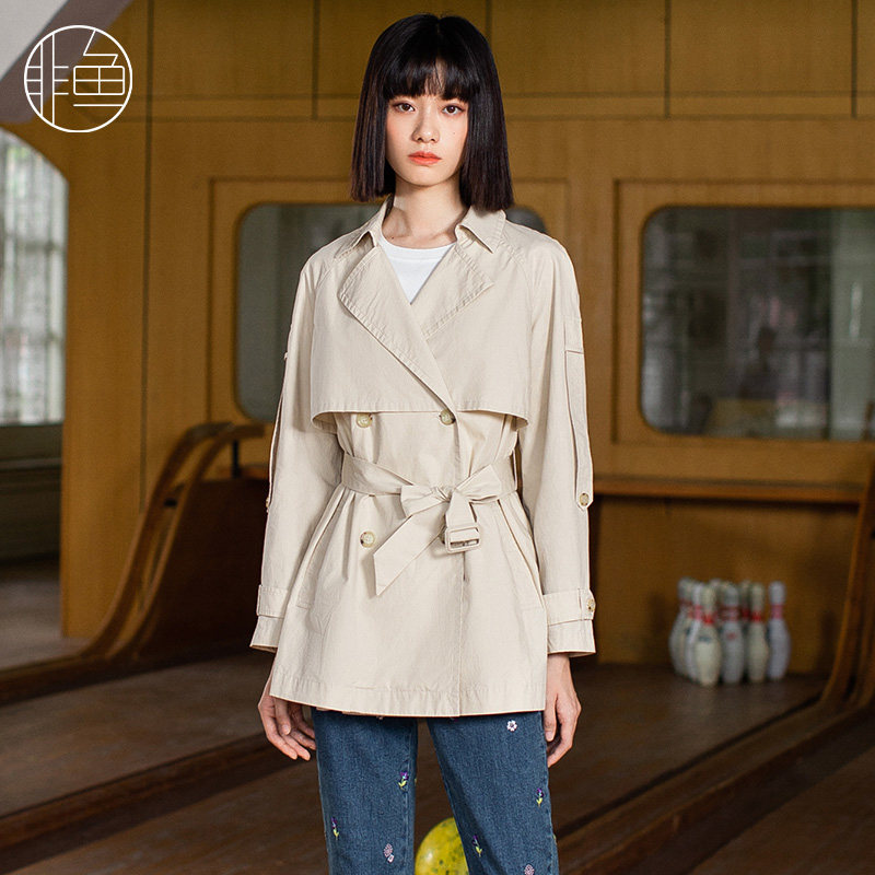 非鱼早春新款收腰系带中长款韩版休闲风衣绣花宽松外套女ins