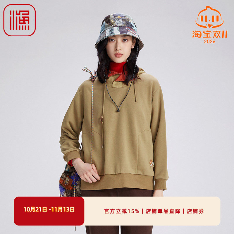 渔女装卫衣女秋冬新款连帽高领绣花棉质宽松针织上衣FGGD2537