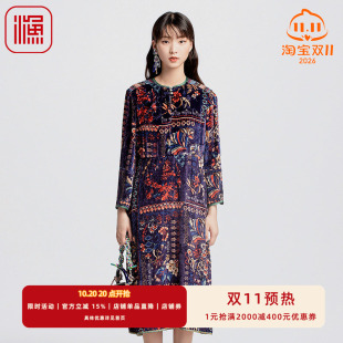 渔牌秋季女装新款中式国潮绒感印花休闲长款连衣裙子FGGC0041