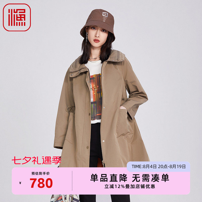 渔牌女装2025年新款高立领长款及膝宽松印花雪纺风衣外套FGHA3042