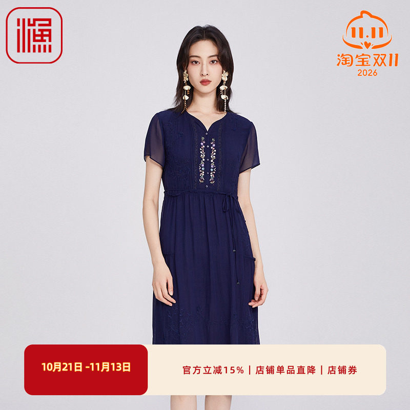 渔牌女装2025初夏穿搭轻薄连衣裙真丝刺绣花桑蚕丝长裙子FGHB0032