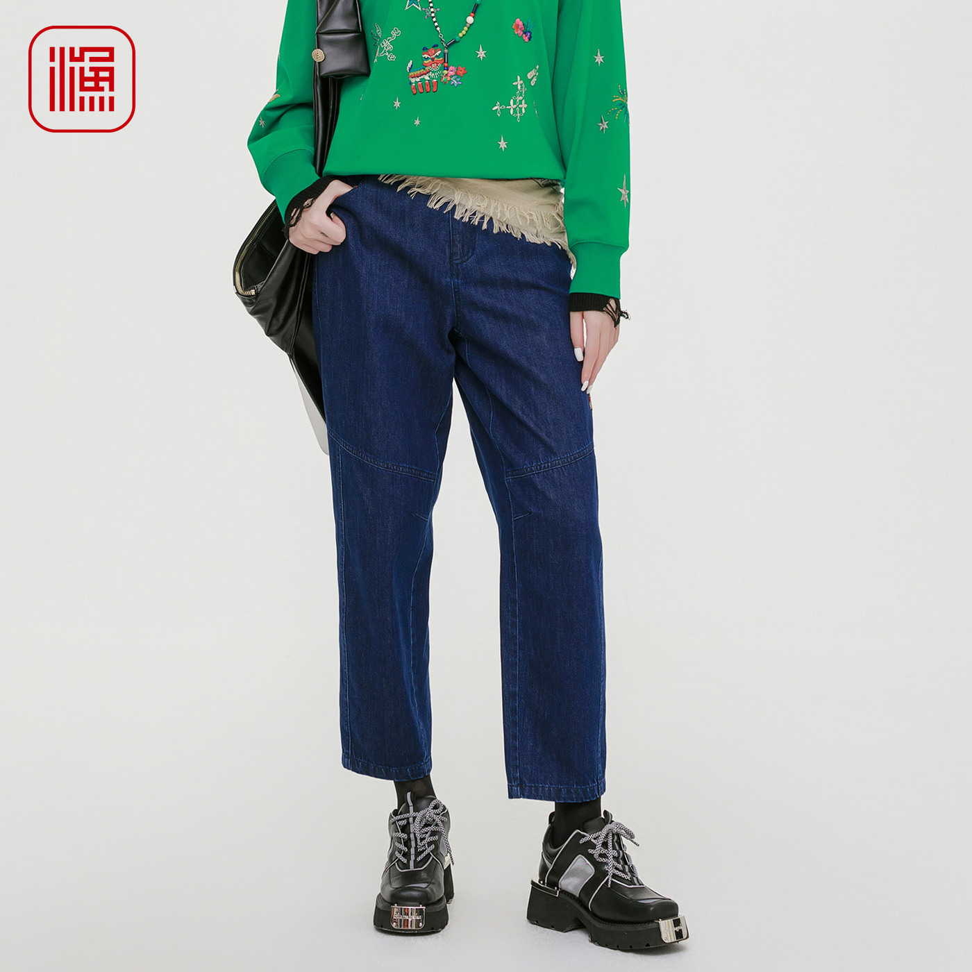 渔牌女装牛仔裤女2025新款刺绣纯棉全棉直筒宽松休闲百搭哈伦长裤