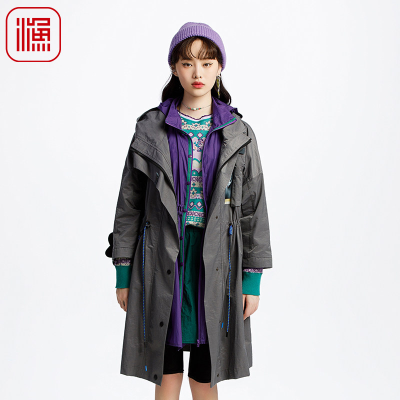 渔牌女装风衣女款2025新款连帽印花棉质抽绳收腰长款外套FGHA3090