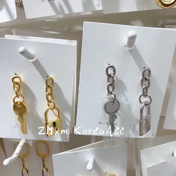 韩国进口银色链条钥匙同心锁耳环
