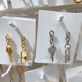 韩国进口新款耳环时尚休闲银色链条钥匙同心锁不对称AB耳钉耳饰女