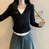 休闲假两件连帽拉链上衣女2025早秋新款 收腰卫衣 撞色百搭显瘦帽衫