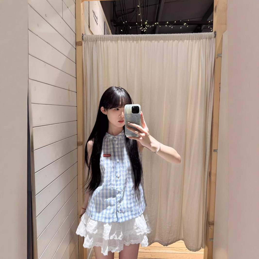 港风chic蓝色格子纽扣背心女夏季高级感名媛气质独特休闲百搭上衣