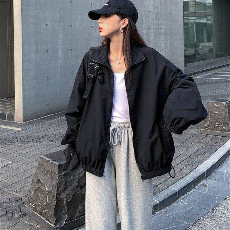 黑色外套女2026秋季新款ins韩版宽松炸街原宿bf风长袖薄夹克风衣